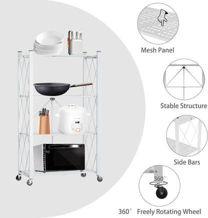 CARLA HOME 4-Tier Foldable Storage Shelf with Wheels for Kitchen, Garage, Pantry or Basement (White)