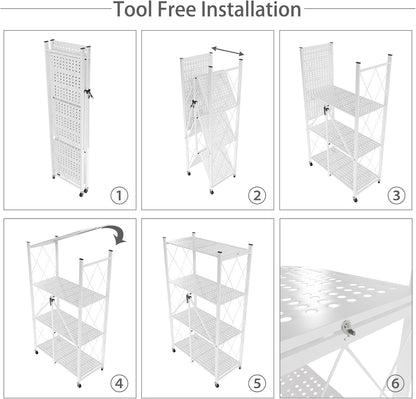 CARLA HOME 4-Tier Foldable Storage Shelf with Wheels for Kitchen, Garage, Pantry or Basement (White)