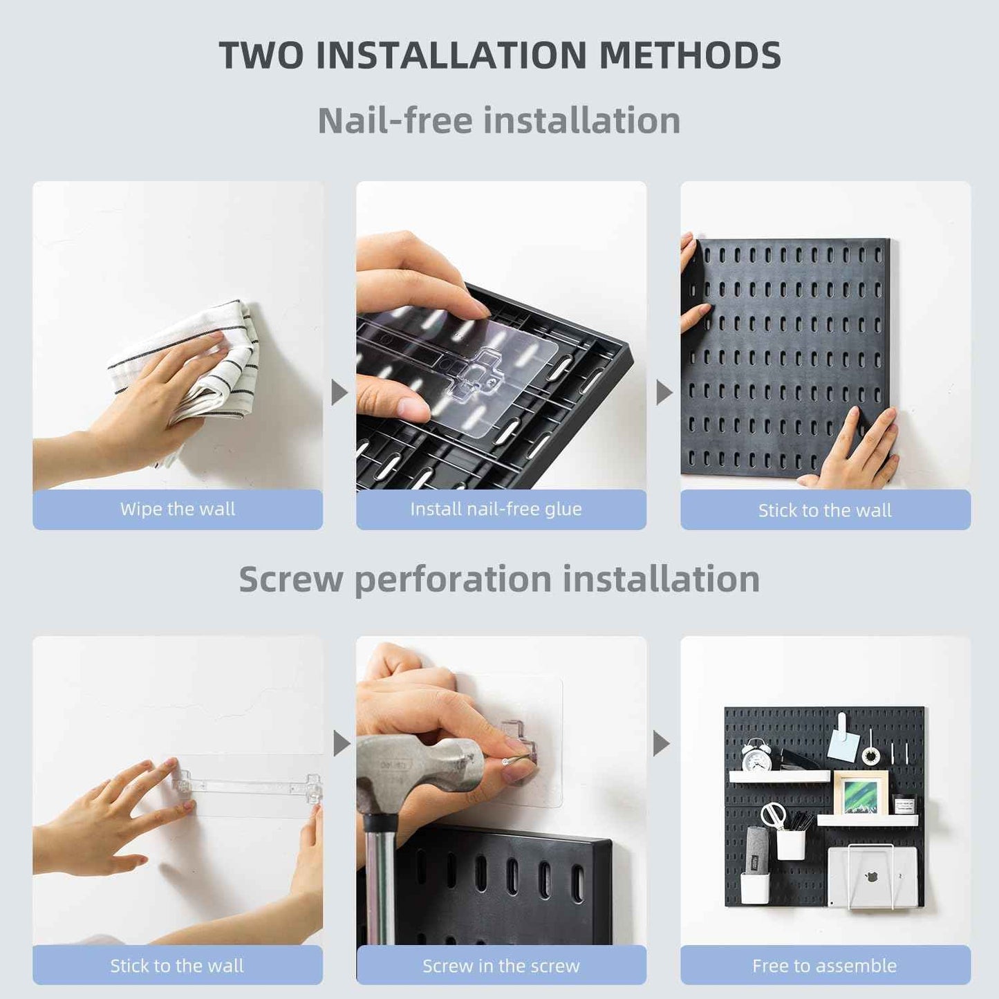 CARLA HOME Pegboard Wall Organizer Kit – 2 Black Modular Pegboards with 10 Accessories for Office, Gaming & Home Storage