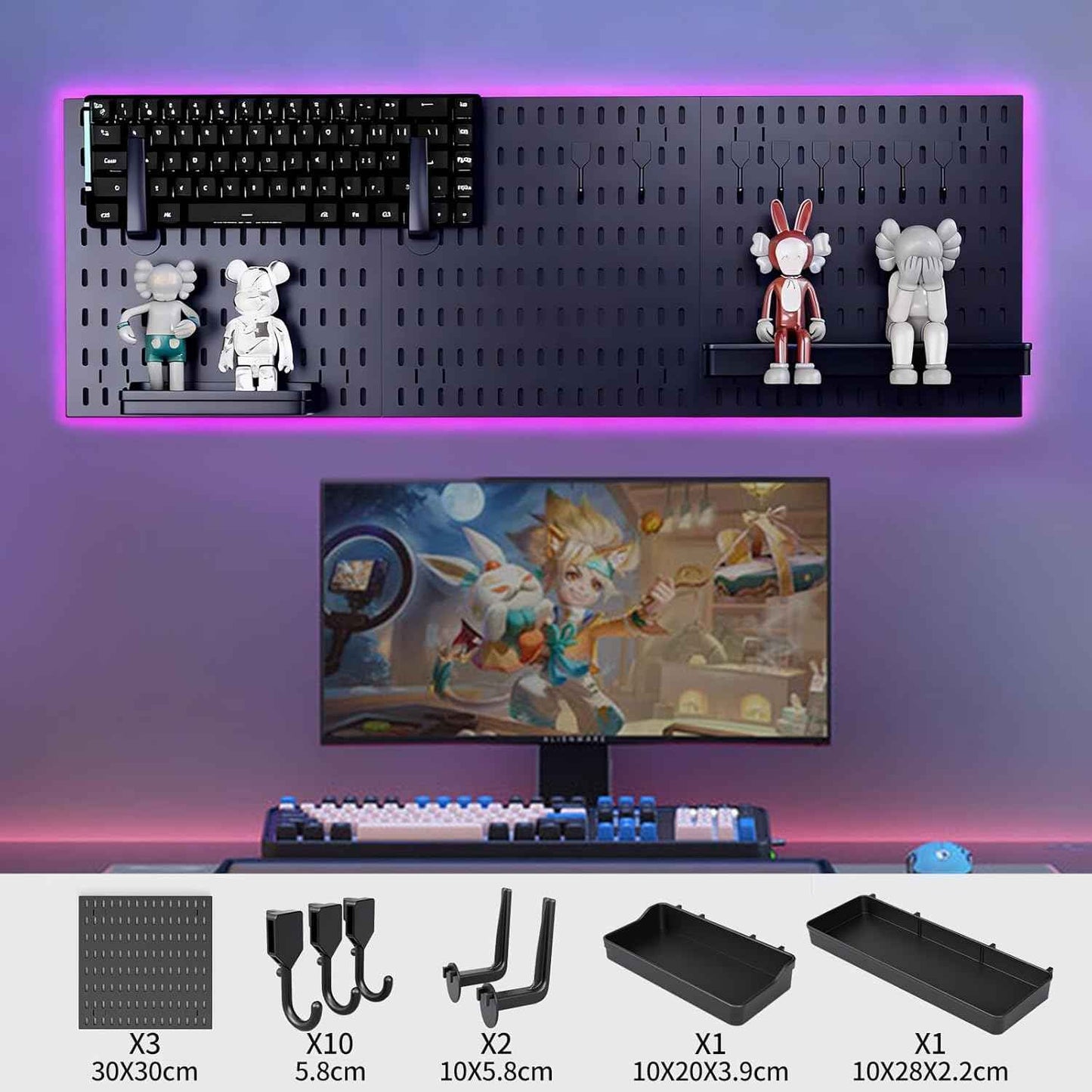 CARLA HOME Pegboard Wall Organizer Kit with 3 Modular Black Panels & 17 Accessories for Gaming, Office & Craft Storage