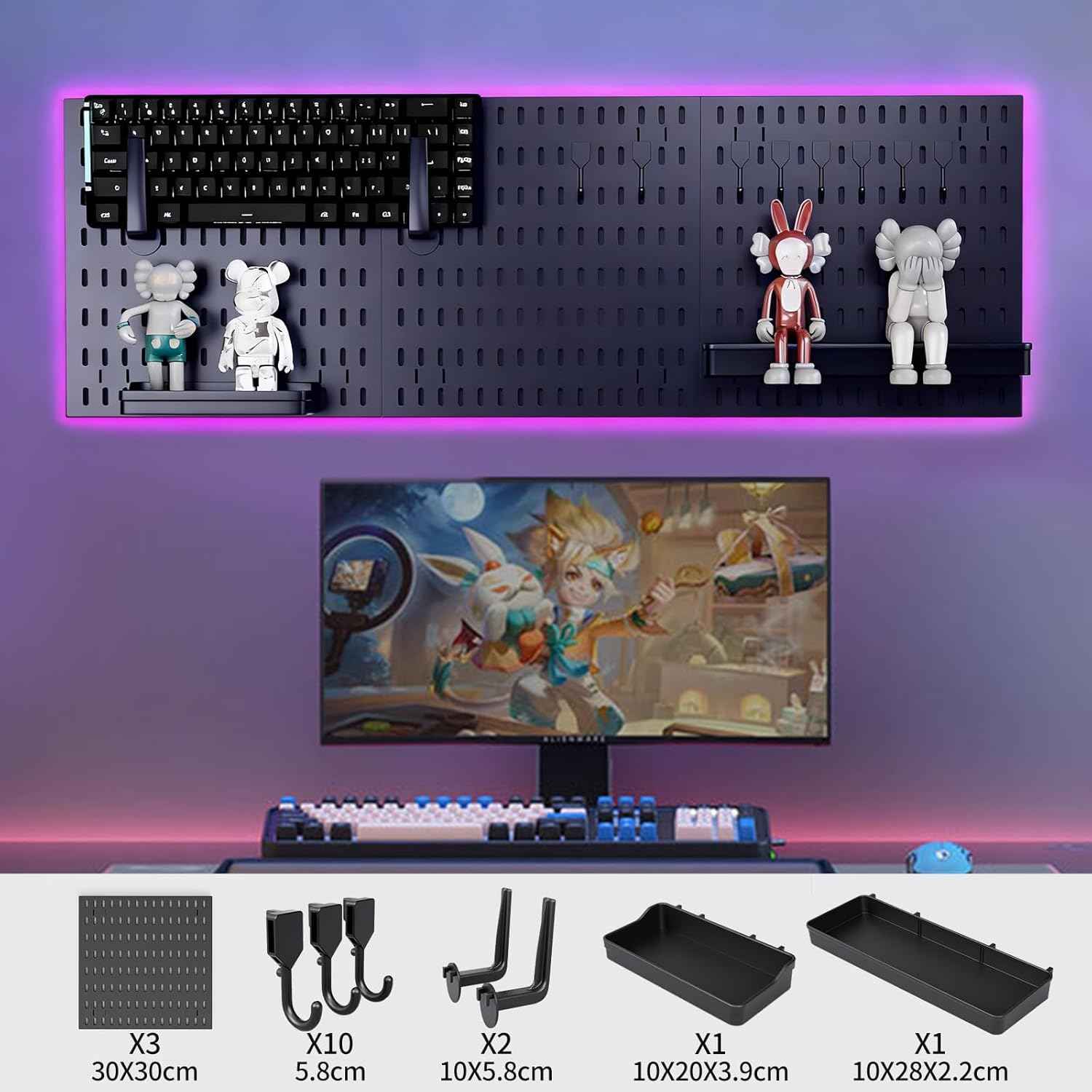 CARLA HOME Pegboard Wall Organizer Kit with 3 Modular Black Panels & 17 Accessories for Gaming, Office & Craft Storage