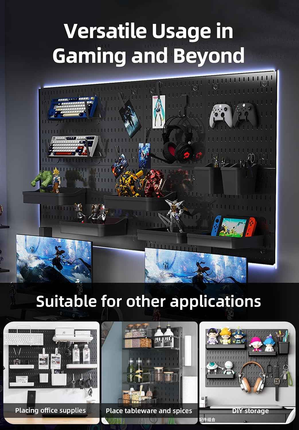 CARLA HOME Pegboard Wall Organizer Kit with 3 Modular Black Panels & 17 Accessories for Gaming, Office & Craft Storage