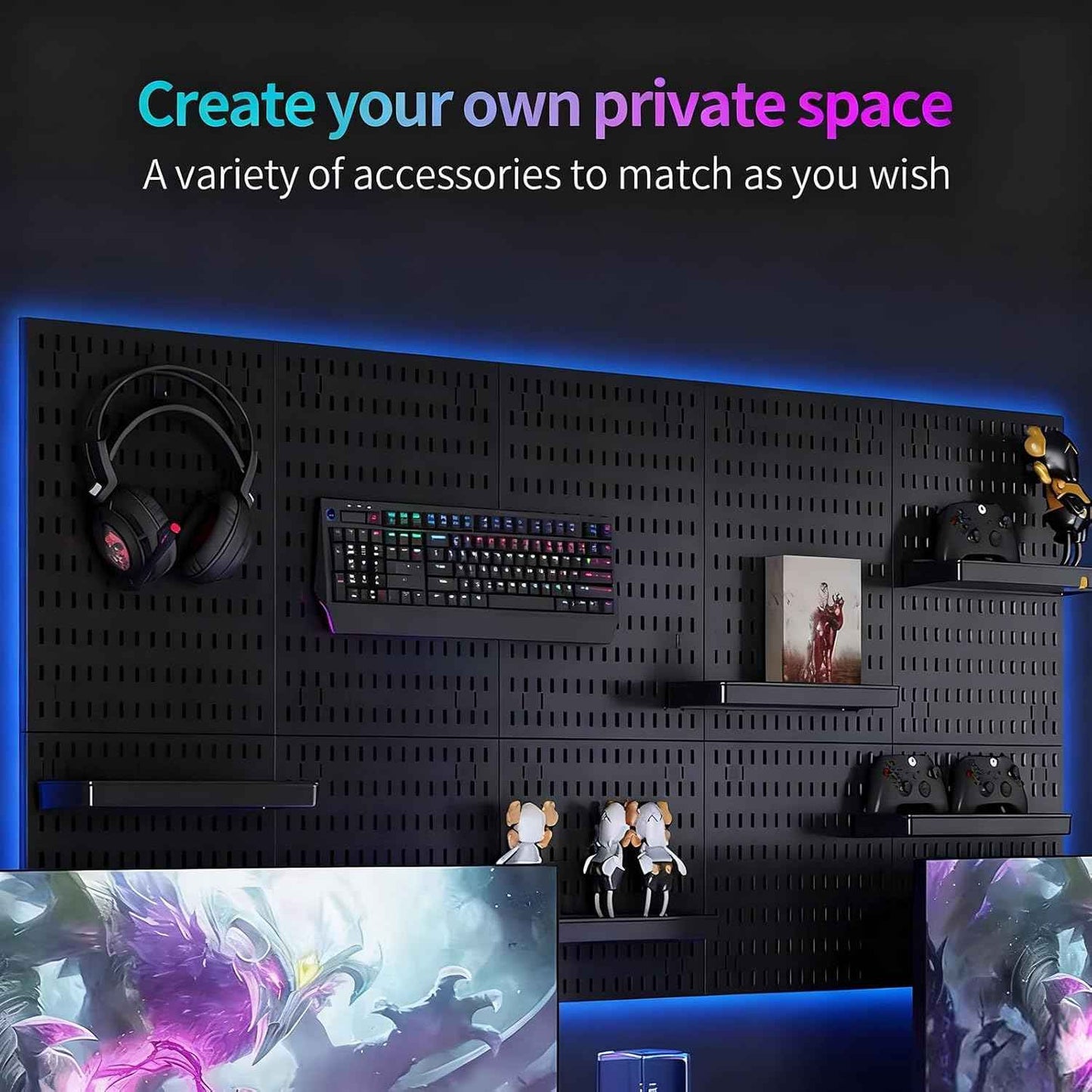 CARLA HOME Pegboard Wall Organizer Kit with 4 Modular Black Pegboards & 19 Accessories for Gaming, Office & Craft Storage (Black)