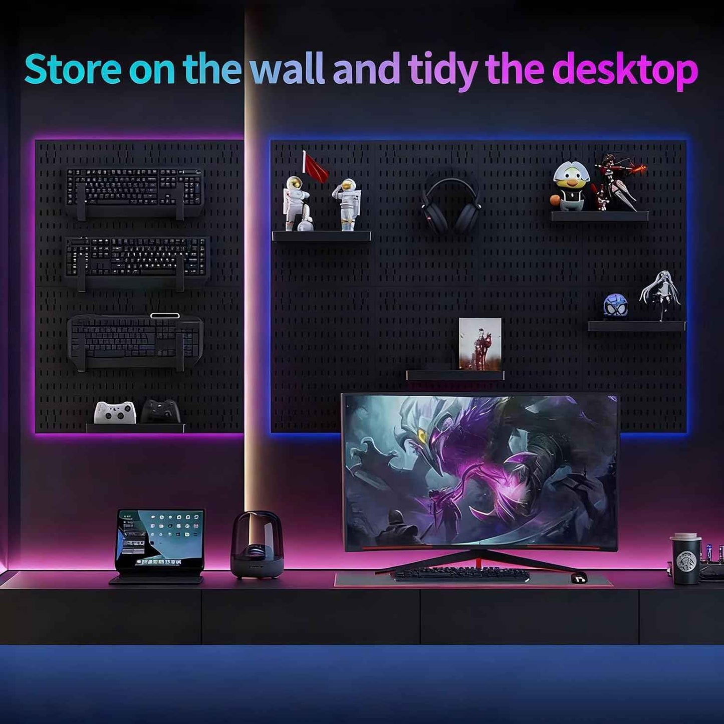 CARLA HOME Pegboard Wall Organizer Kit with 4 Modular Black Pegboards & 19 Accessories for Gaming, Office & Craft Storage (Black)