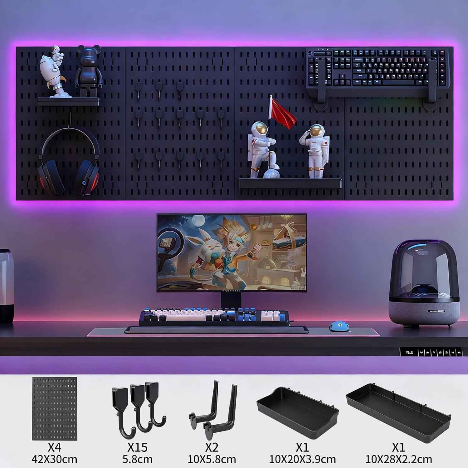 CARLA HOME Pegboard Wall Organizer Kit with 4 Modular Black Pegboards & 19 Accessories for Gaming, Office & Craft Storage (Black)