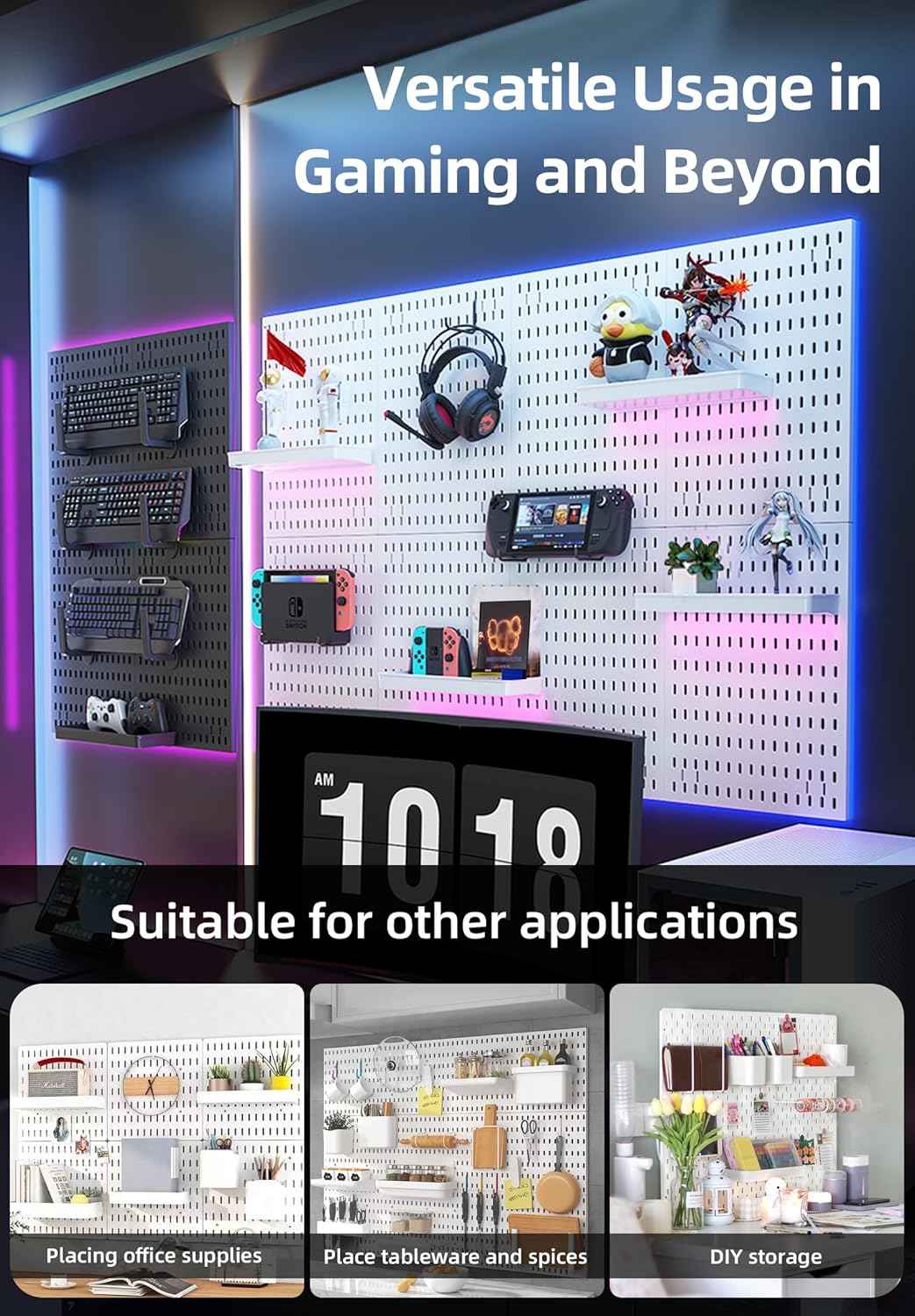 CARLA HOME Pegboard Wall Organizer Kit with 4 Modular Black Pegboards & 19 Accessories for Gaming, Office & Craft Storage (White)