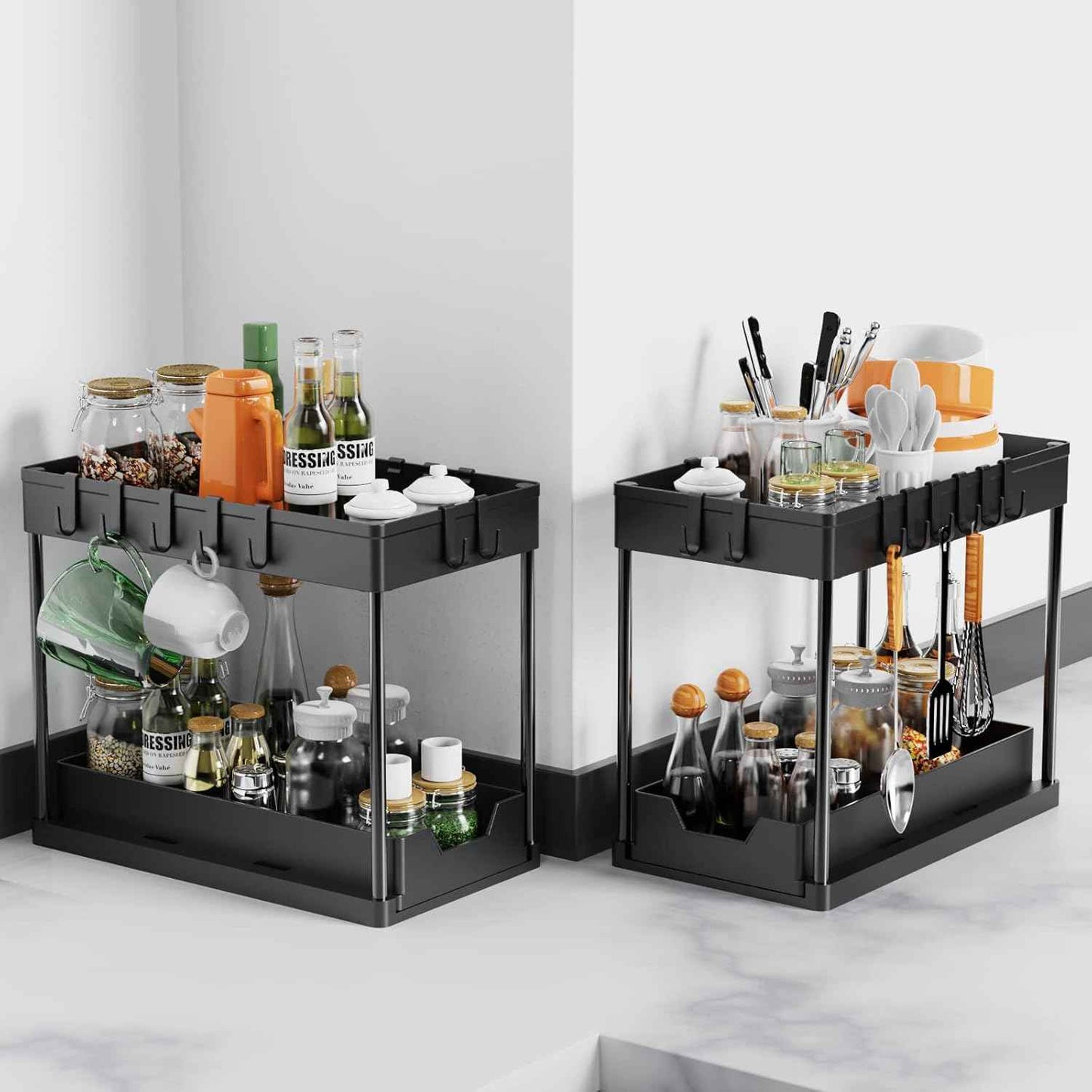 CARLA HOME 2 Pack Under Sink Organizer with Pull-Out Basket and Hooks for Bathroom & Kitchen