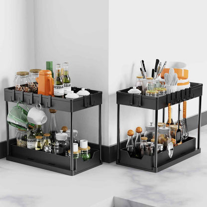 CARLA HOME 2 Pack Under Sink Organizer with Pull-Out Basket and Hooks for Bathroom & Kitchen