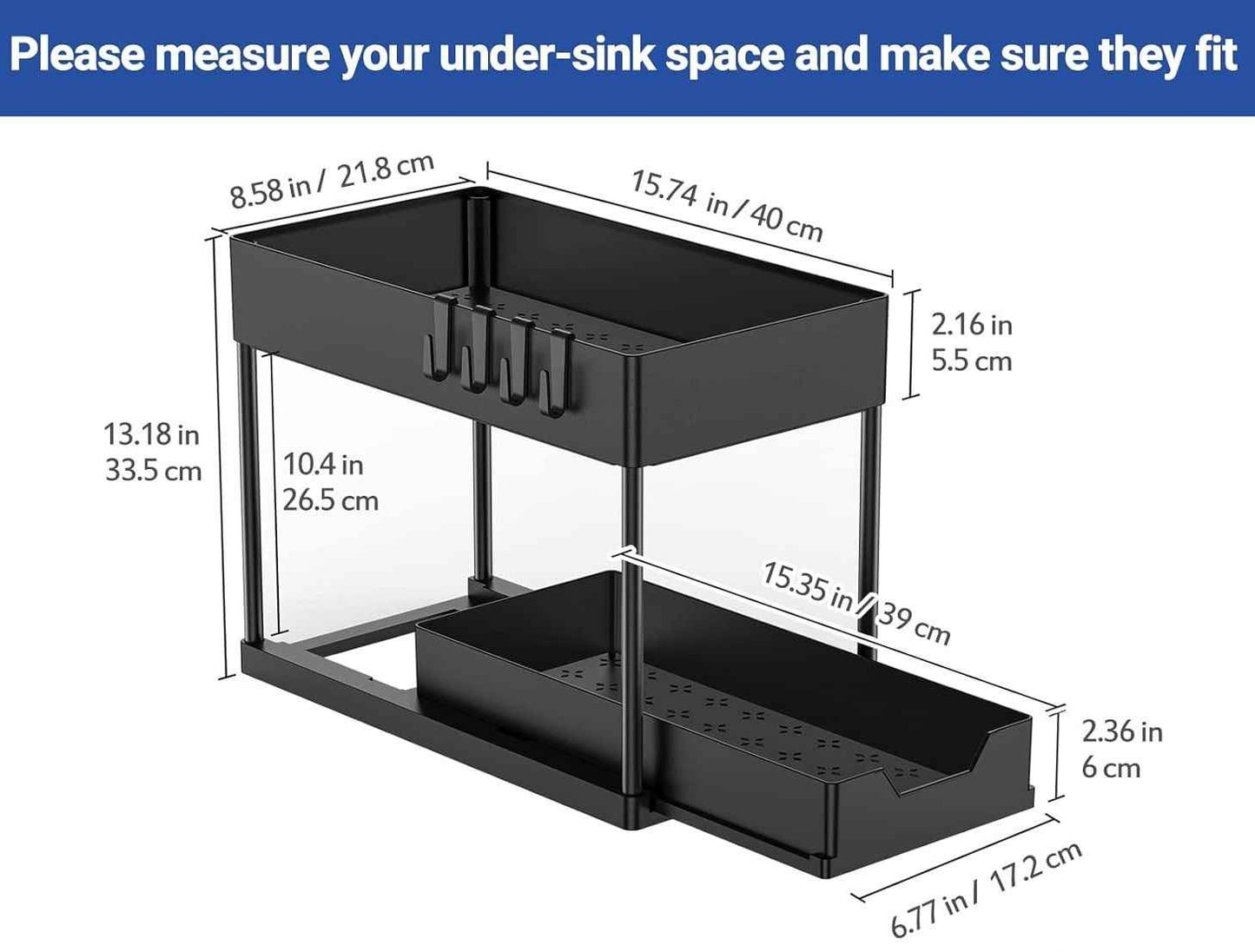 CARLA HOME 2 Pack Under Sink Organizer with Pull-Out Basket and Hooks for Bathroom & Kitchen