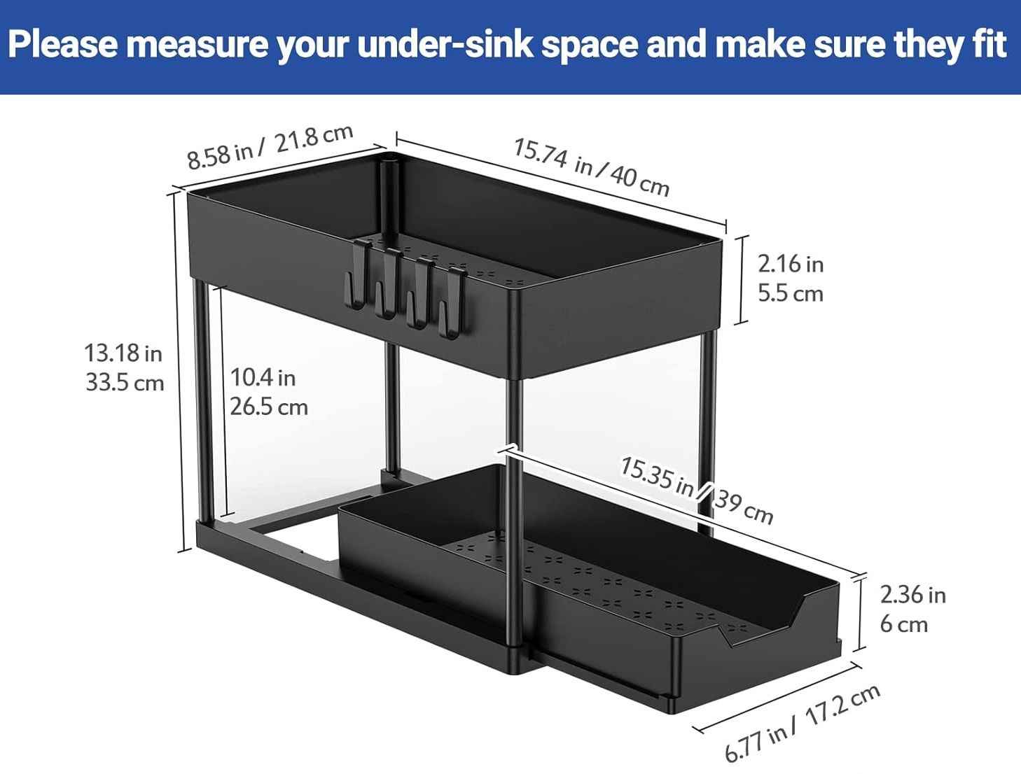 CARLA HOME 2 Pack Under Sink Organizer with Pull-Out Basket and Hooks for Bathroom & Kitchen