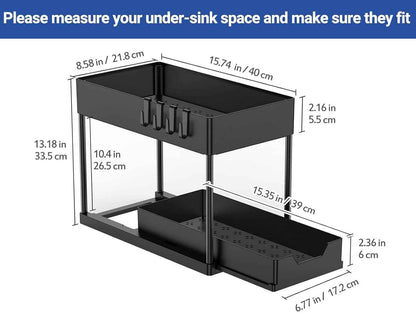 CARLA HOME 2 Pack Under Sink Organizer with Pull-Out Basket and Hooks for Bathroom & Kitchen