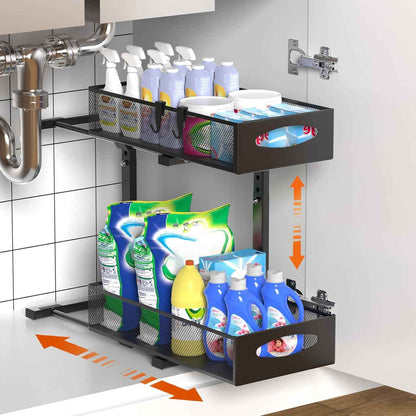CARLA HOME 2 Tier Under Sink Organizer Pull Out Sliding Cabinet Storage Shelf with Height Adjustable for Kitchen, Bathroom or Laundry Room (Black)