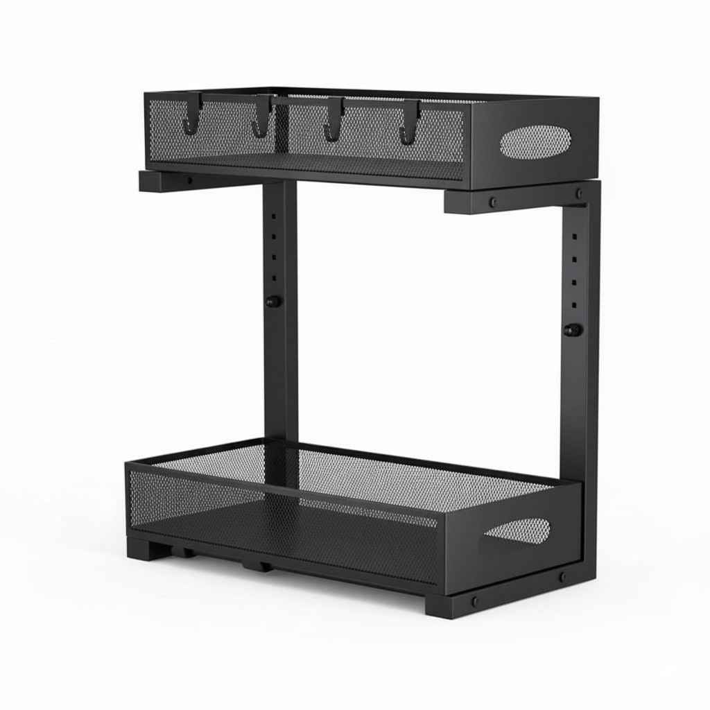 CARLA HOME 2 Tier Under Sink Organizer Pull Out Sliding Cabinet Storage Shelf with Height Adjustable for Kitchen, Bathroom or Laundry Room (Black)