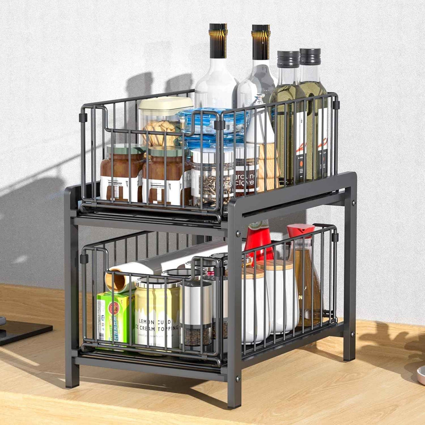 CARLA HOME 2 Tier Sliding Cabinet Organizer Drawer Storage Rack for Kitchen or Bathroom