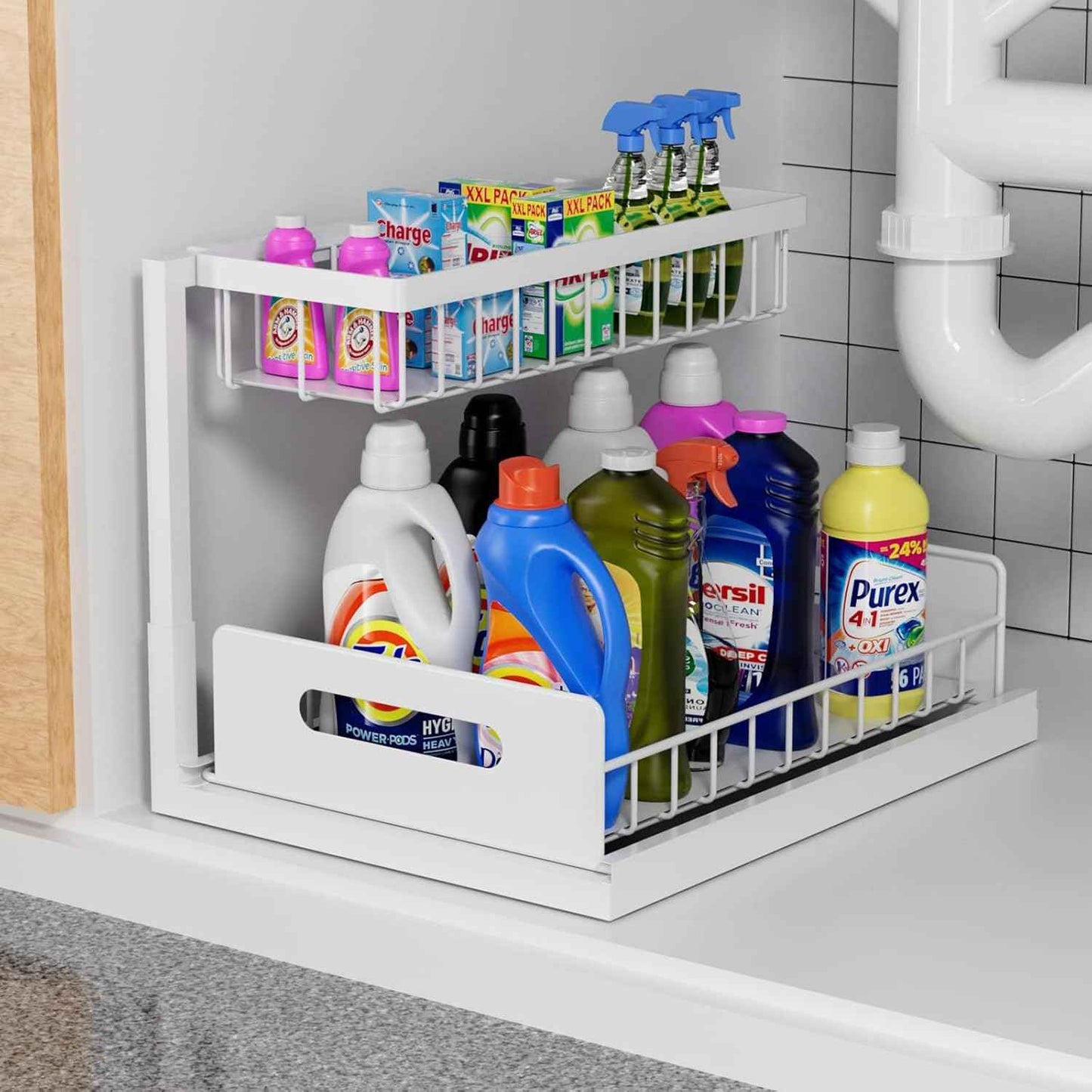 CARLA HOME 2 Tier Under Sink Organiser with Sliding Drawers for Kitchen & Bathroom