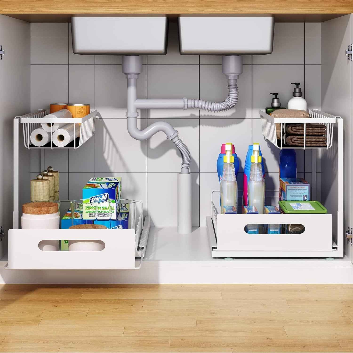CARLA HOME 2 Tier Under Sink Organiser with Sliding Drawers for Kitchen & Bathroom