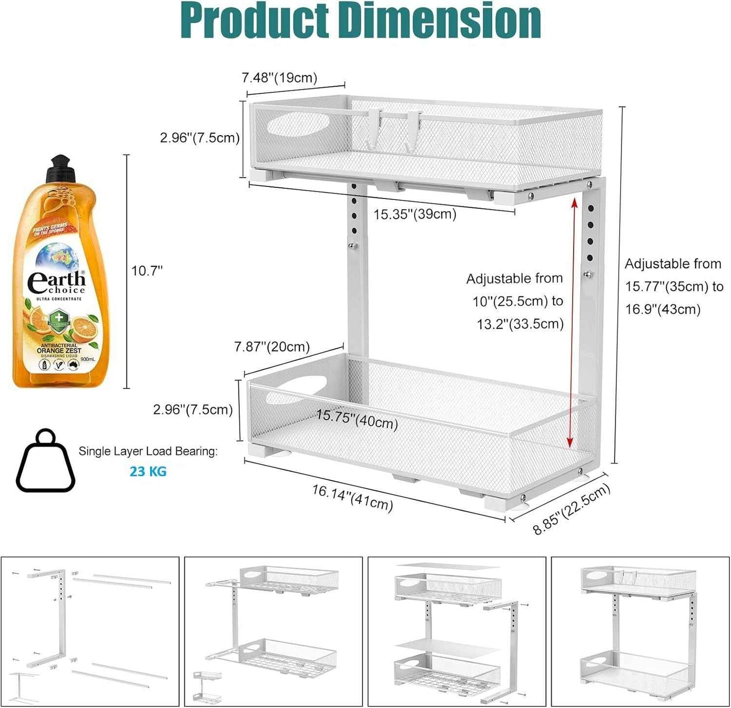 CARLA HOME 2 Tier Under Sink Organizer Pull Out Sliding Cabinet Storage Shelf with Height Adjustable for Kitchen, Bathroom or Laundry Room (White)