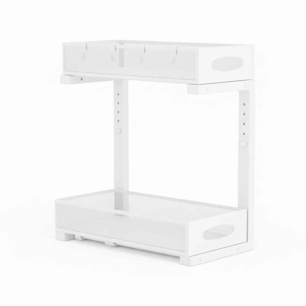 CARLA HOME 2 Tier Under Sink Organizer Pull Out Sliding Cabinet Storage Shelf with Height Adjustable for Kitchen, Bathroom or Laundry Room (White)