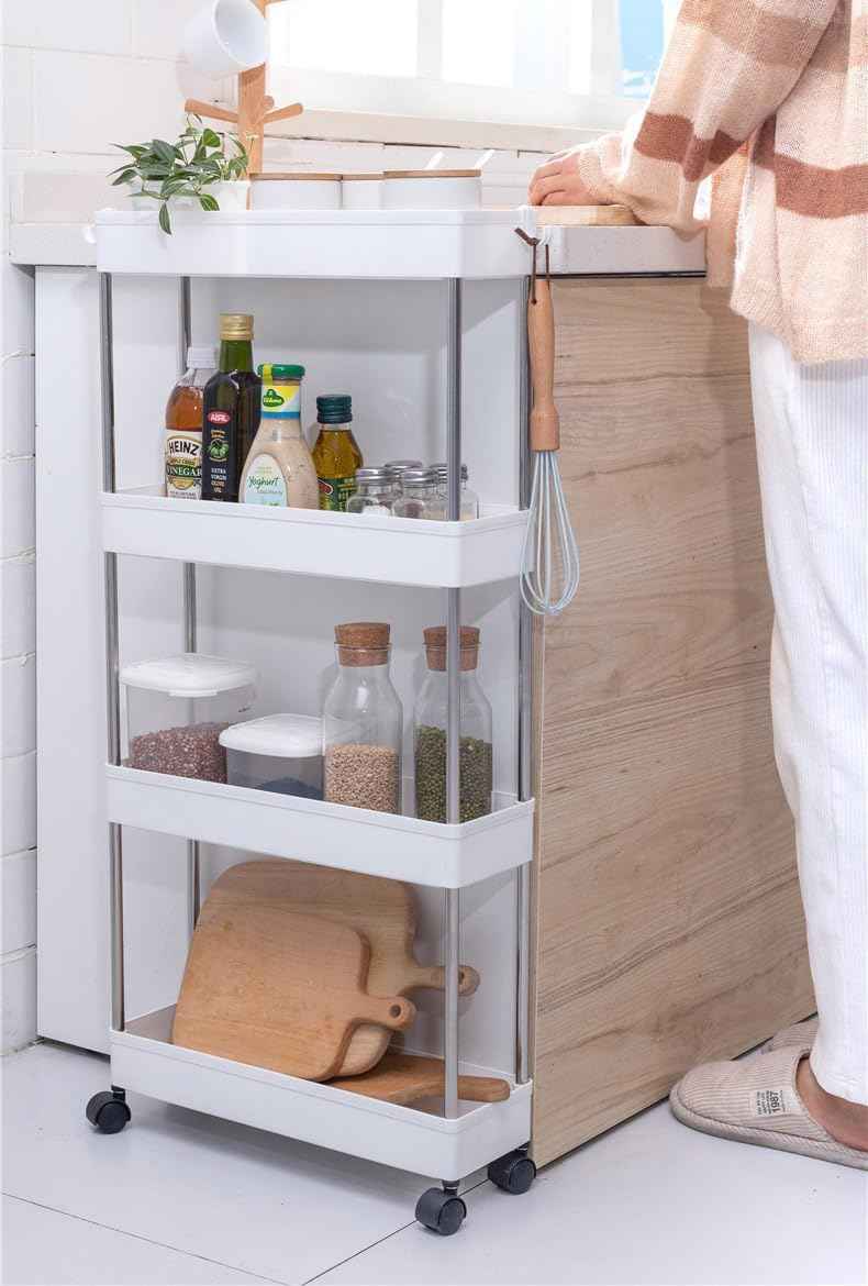 CARLA HOME Slim Storage Cart Organizer Trolley with Wheels for Kitchen, Bathroom, Laundry & Narrow Spaces (4 tier)