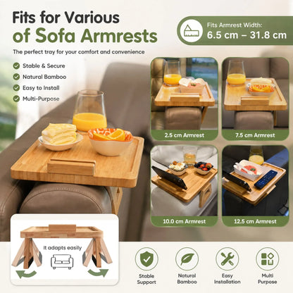 CARLA HOME Bamboo Sofa Arm Tray, 360° Rotating Phone Holder Clip, Couch cup