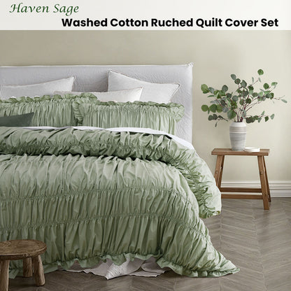 Vintage Design Homewares Haven Sage Washed Cotton Ruched Quilt Cover Set Single