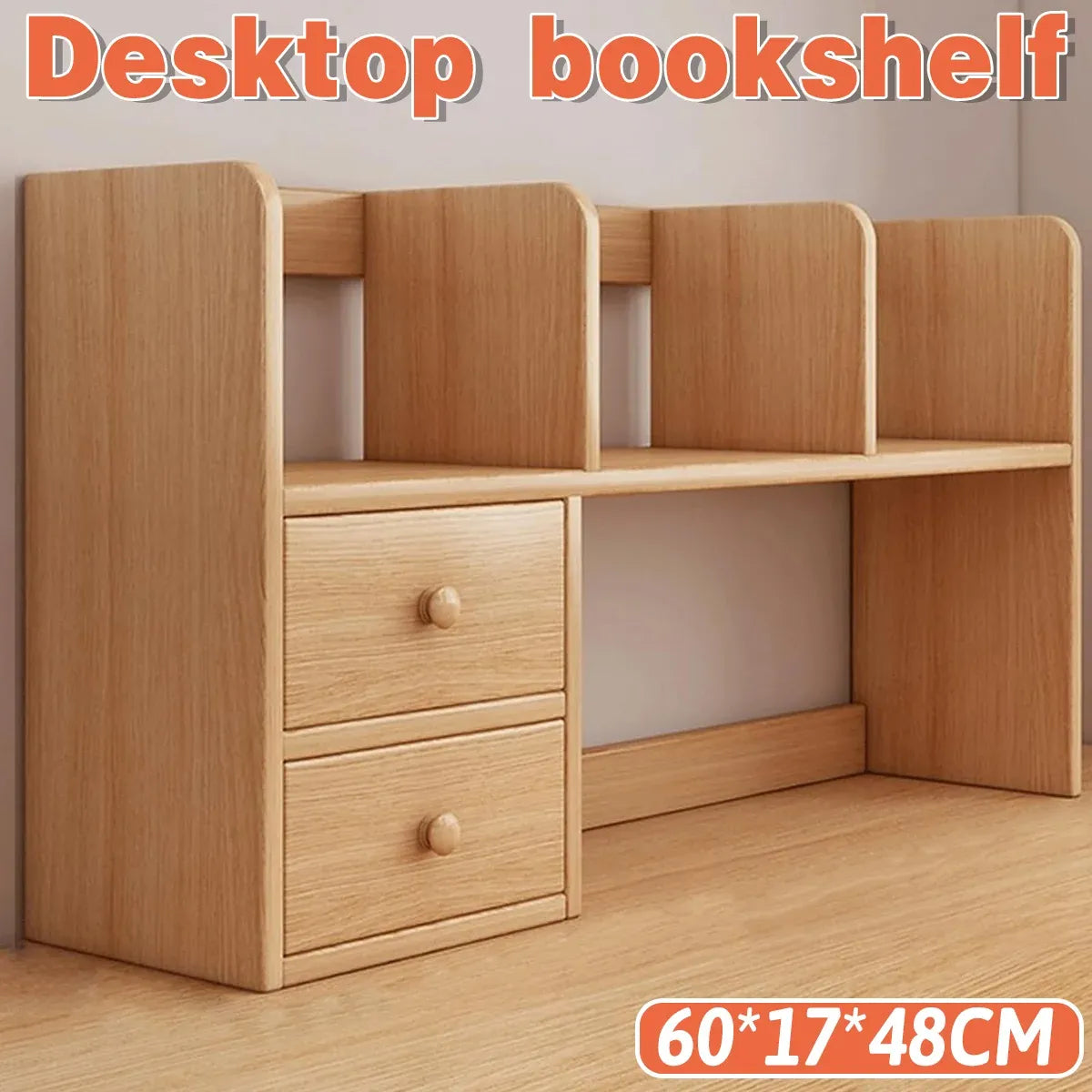 Natural-Finish Desktop Shelf with Two Drawers - 1 Piece