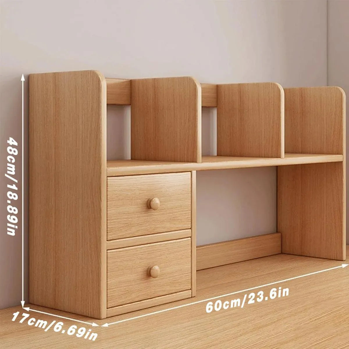 Natural-Finish Desktop Shelf with Two Drawers - 1 Piece