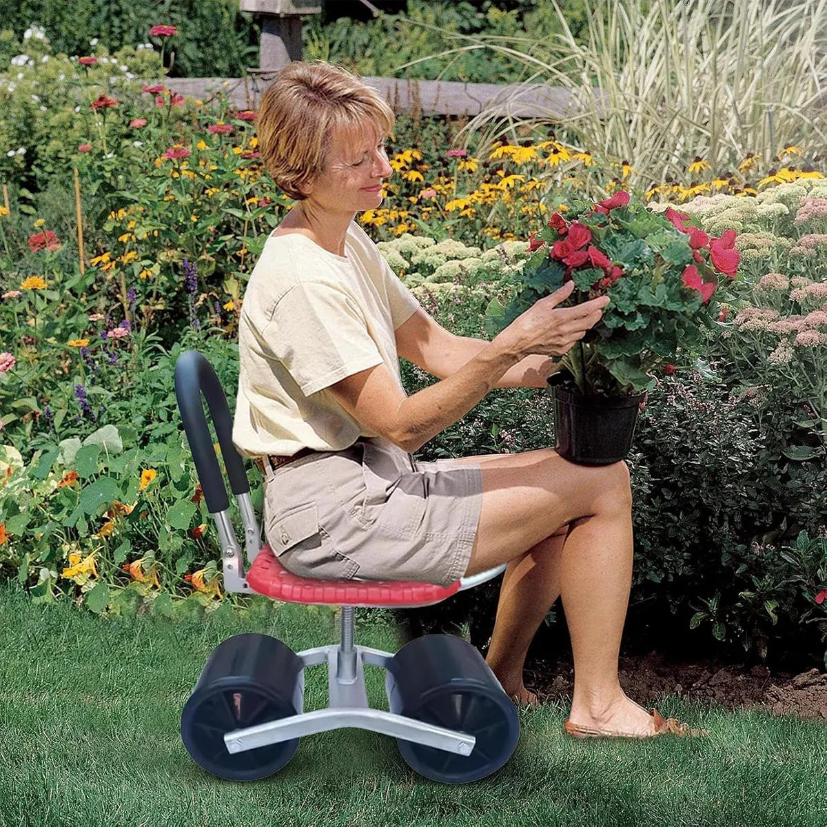 Greenhouse Garden Mobile Wheeled Stool Sturdy Durable Non Slip Seat Easy to Move