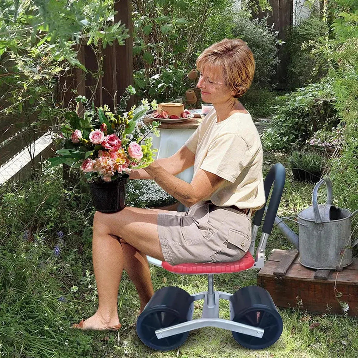 Greenhouse Garden Mobile Wheeled Stool Sturdy Durable Non Slip Seat Easy to Move