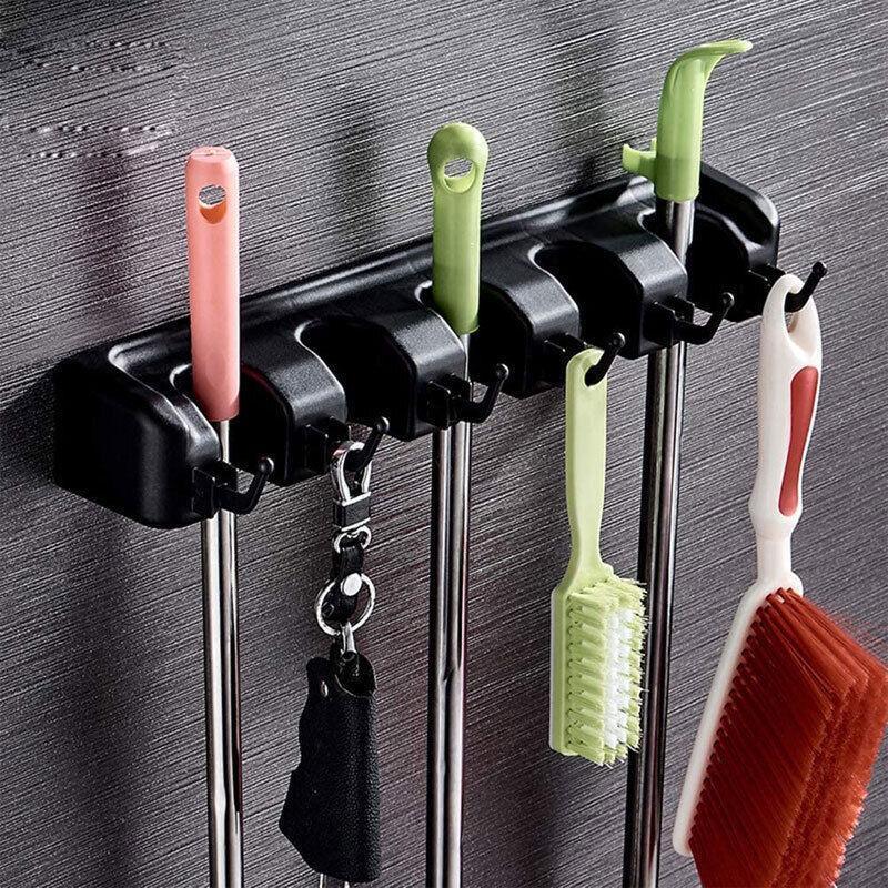 Broom Hanger Mop Holder Wall Mounted Brush Storage Rack Organizer Kitchen Tool - Grey