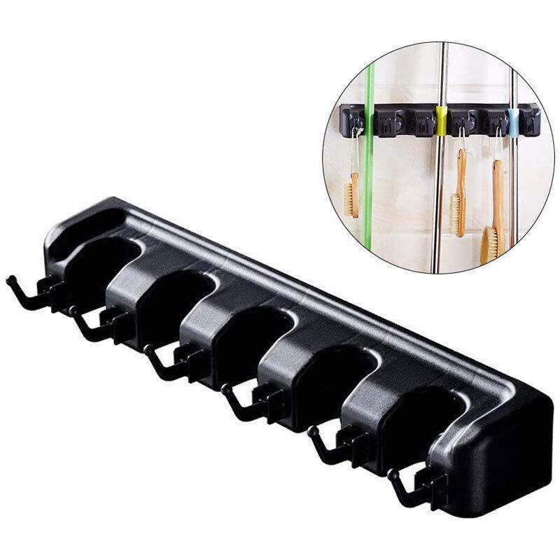 Broom Hanger Mop Holder Wall Mounted Brush Storage Rack Organizer Kitchen Tool - Grey
