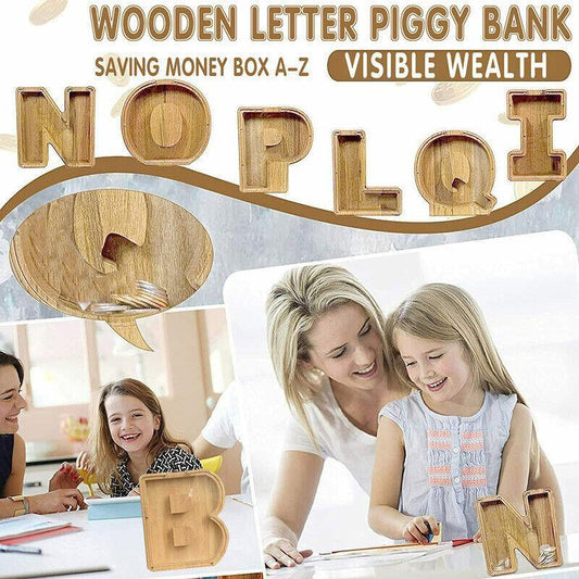 Wooden Piggy Bank Funny Letter or Guitar Coin Saving Money Box A–Z Gift Idea - S