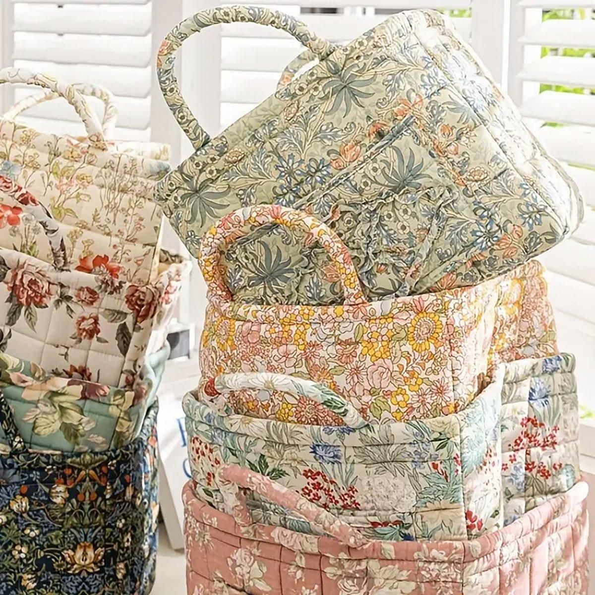 Portable Fabric Storage Basket Korean Pastoral Style Organizer for Home Sundries - Floral6