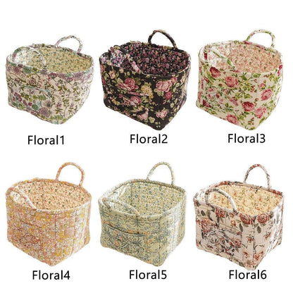 Portable Fabric Storage Basket Korean Pastoral Style Organizer for Home Sundries - Floral5