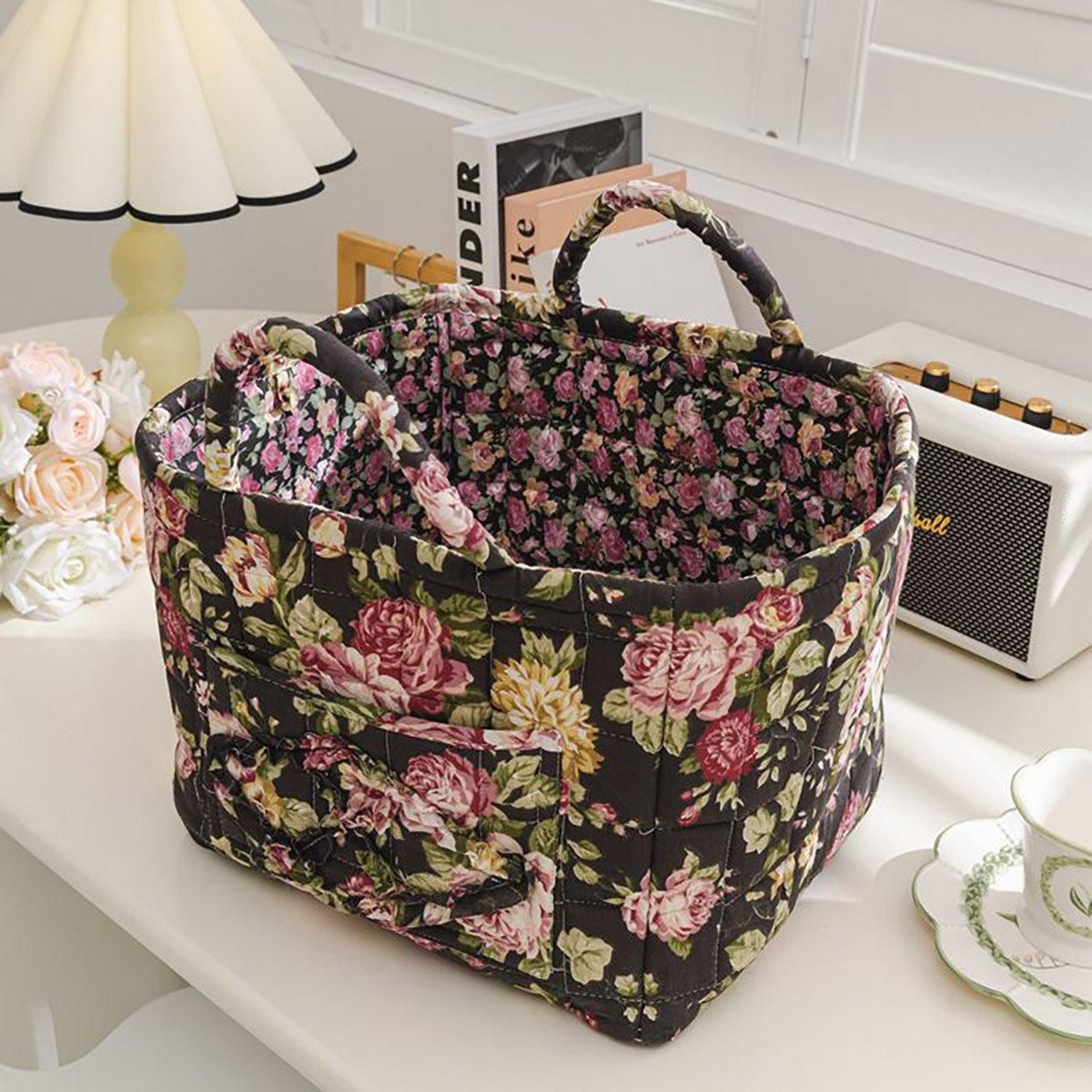 Portable Fabric Storage Basket Korean Pastoral Style Organizer for Home Sundries - Floral5