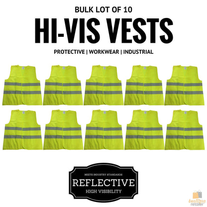 10x Hi Vis Safety Vest Reflective Tape Workwear Night & Day Bulk - Yellow - One Size