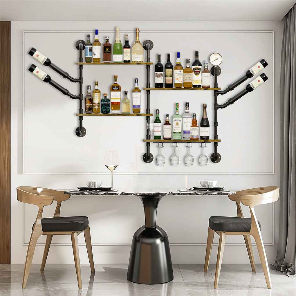 Industrial Pipe Bar Wall Liquor Shelf Floating Shelves with Wine Glass Holder
