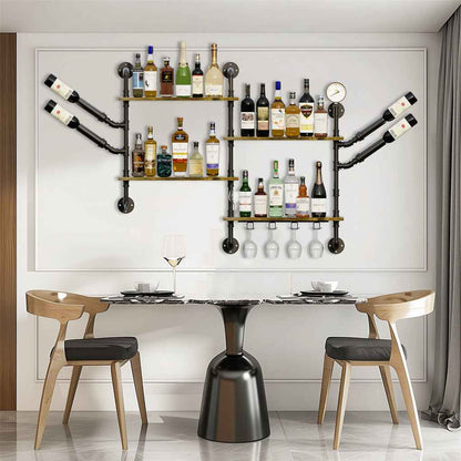 Industrial Pipe Bar Wall Liquor Shelf Floating Shelves with Wine Glass Holder