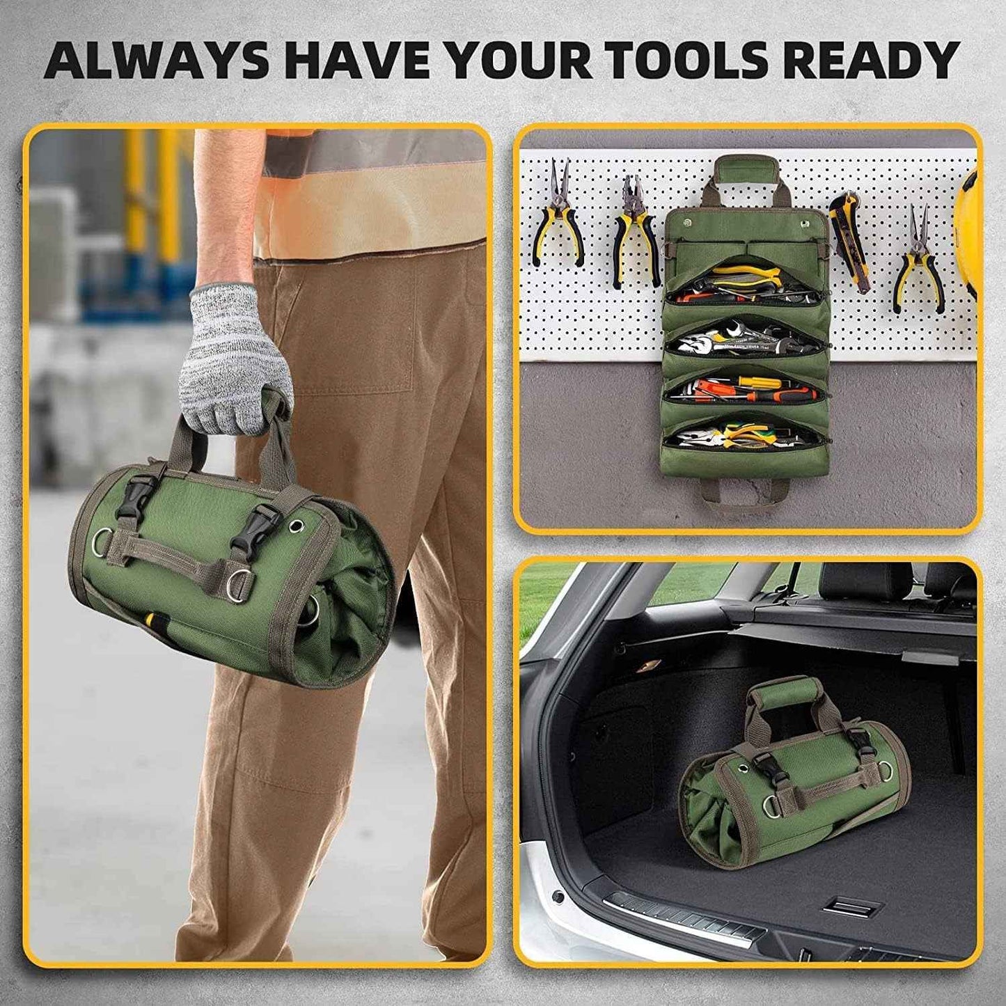 Green Heavy Duty Roll-Up Tool Bag Organizer - Waterproof Oxford Fabric Pouch with Multiple Pockets