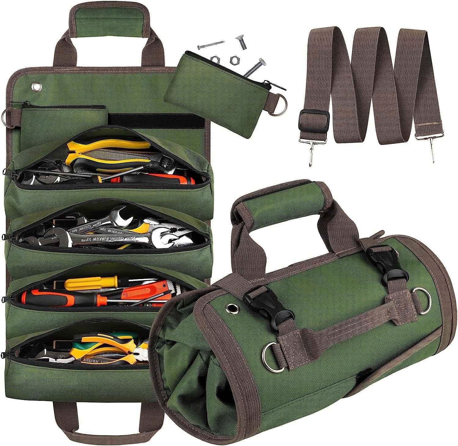 Grey Heavy Duty Roll-Up Tool Bag Organizer - Waterproof Oxford Fabric Pouch with Multiple Pockets