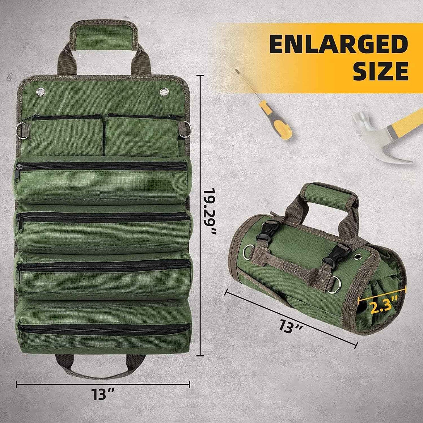 Grey Heavy Duty Roll-Up Tool Bag Organizer - Waterproof Oxford Fabric Pouch with Multiple Pockets