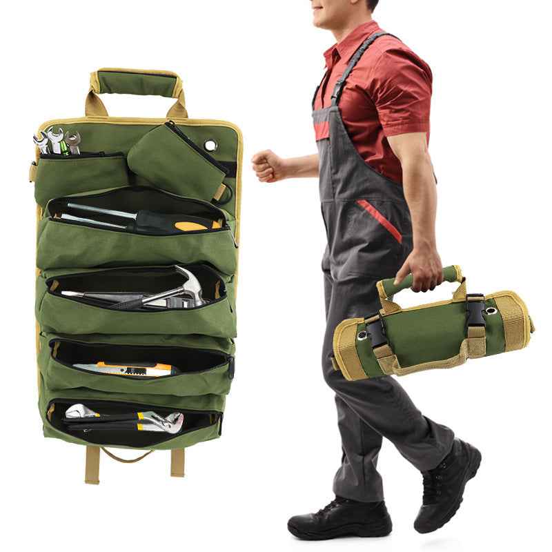 Khaki Heavy Duty Roll-Up Tool Bag Organizer - Waterproof Oxford Fabric Pouch with Multiple Pockets
