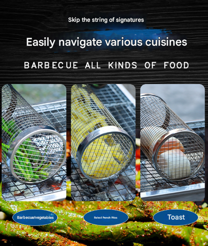 2 Pcs Size L Silver Rolling Stainless Steel BBQ Grill Basket - Cylindrical Grilling Cage for Veggies, Meats & More (304 Food-Grade)