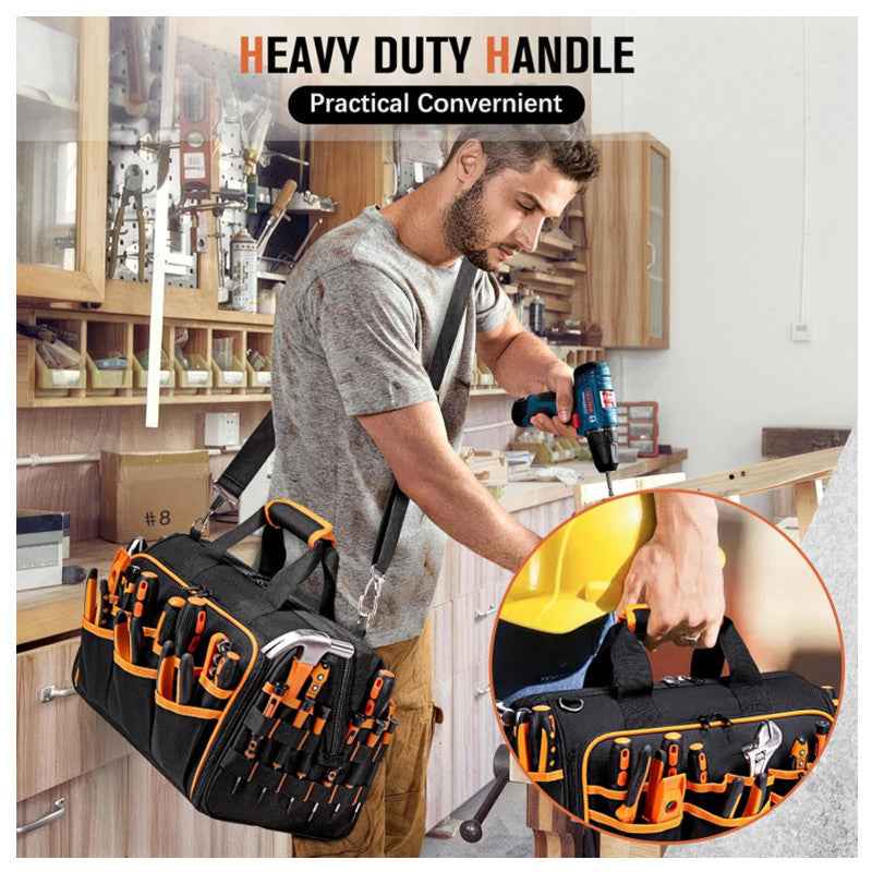 Heavy-Duty 17-Inch Tool Bag with 46 Pockets, Waterproof Base & Shoulder Strap(Black Orange)