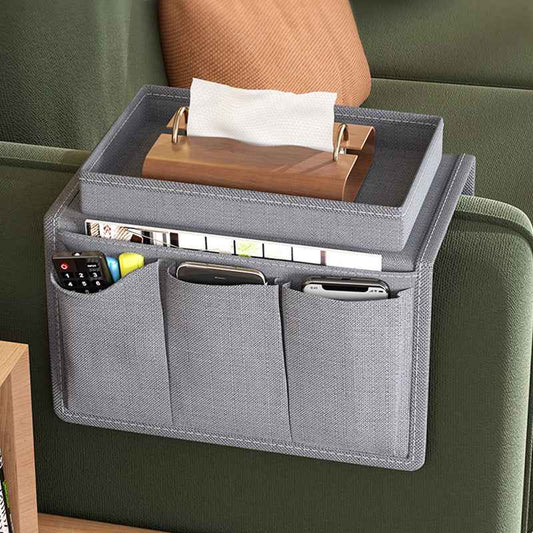 Grey Foldable  Sofa Armrest Organizer With 3-Zones - 20kg Load Capacity, Thickended Oxford Cloth Storage Bag for Dorms, Cars & Living Rooms