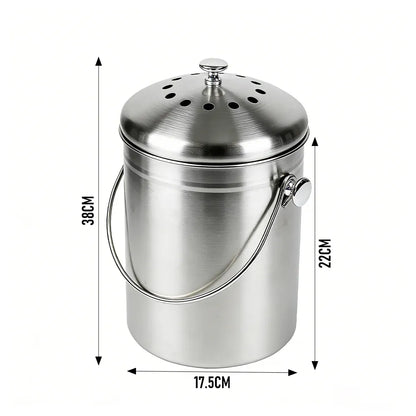 5L Compost Bin Kitchen Countertop Stainless Steel Composter Bucket with Lid and Charcoal Caddy Kitchen Waste Pail Odour Free and Easy Cleaning Silver