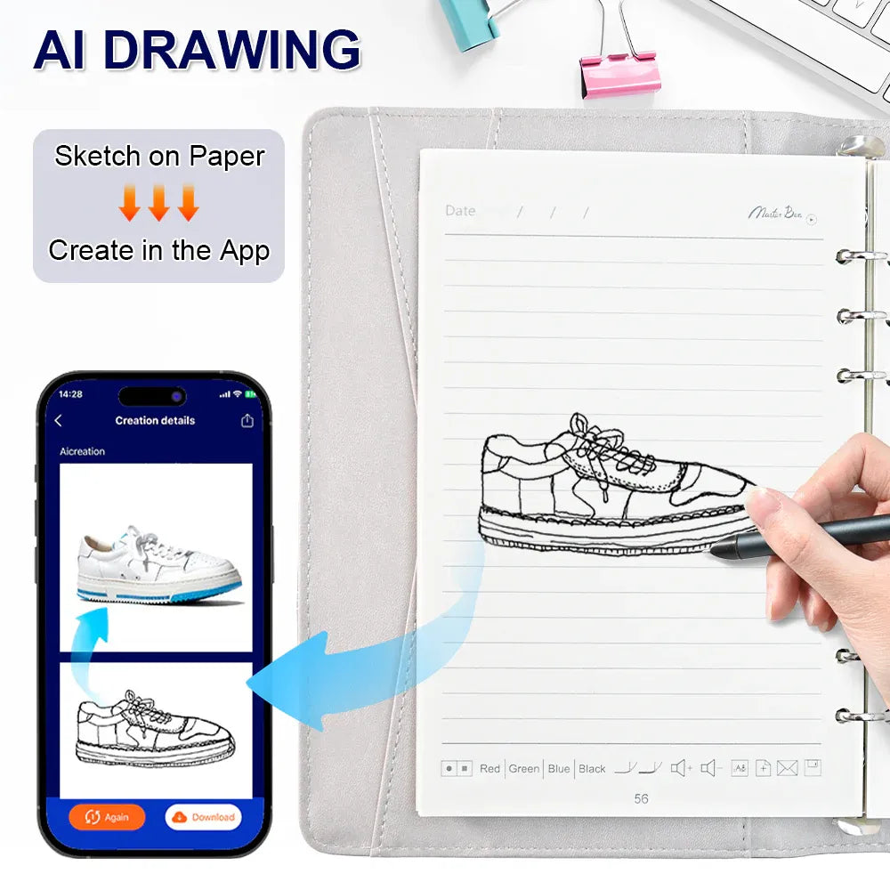 Smart Digital Notebook AI Powered Digital Sketchbook Set with Sync Pen and A5 Erasable Paper Refill for Drawing Writing Notetaking Bluetooth Real Time Sync