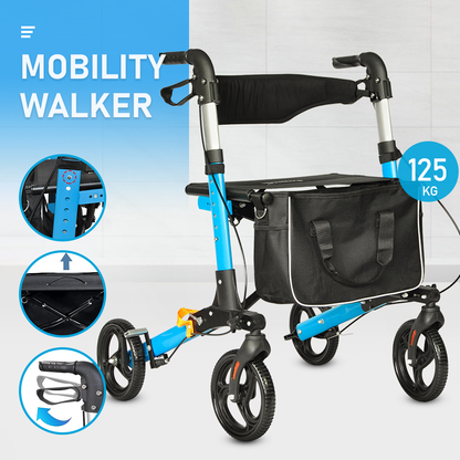 Mershine  2 In 1 Foldable X-Fold Mobility Walker Rollator Chair Aid 8 Inch Wheel Max Load 136KG with Zippered Storage Bag for Elderly Seniors Indoor Outdoor Use
