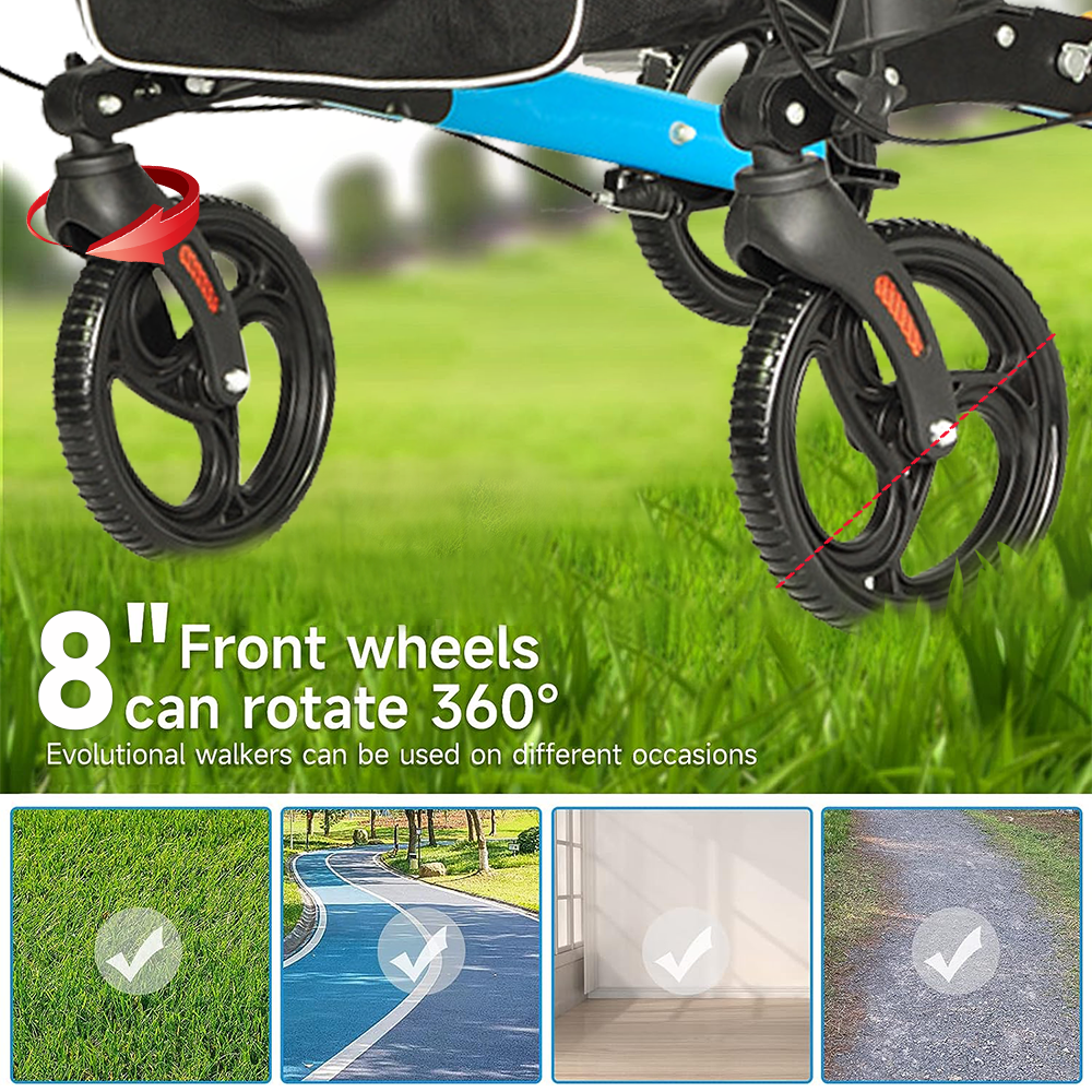 Mershine  2 In 1 Foldable X-Fold Mobility Walker Rollator Chair Aid 8 Inch Wheel Max Load 136KG with Zippered Storage Bag for Elderly Seniors Indoor Outdoor Use