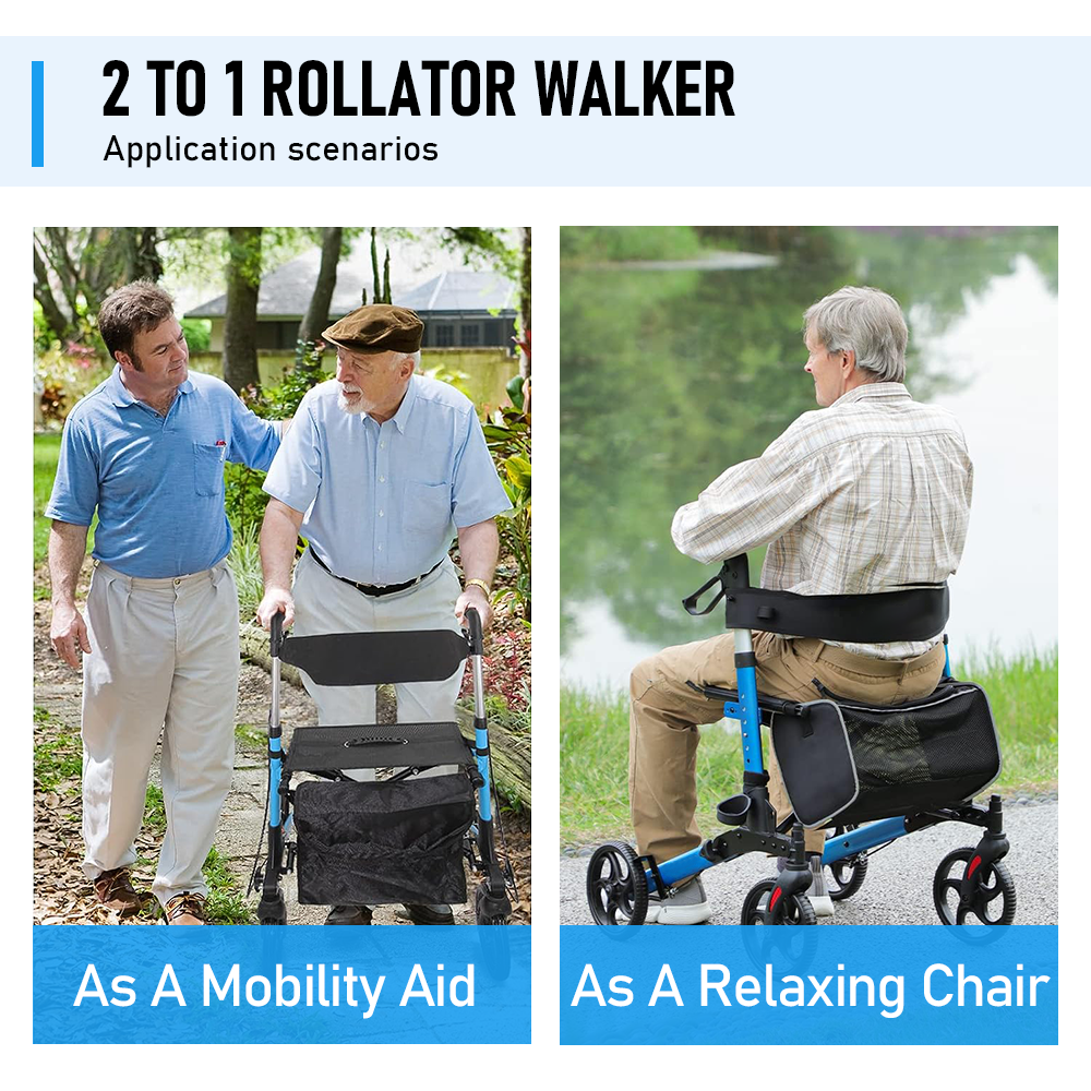 Mershine  2 In 1 Foldable X-Fold Mobility Walker Rollator Chair Aid 8 Inch Wheel Max Load 136KG with Zippered Storage Bag for Elderly Seniors Indoor Outdoor Use
